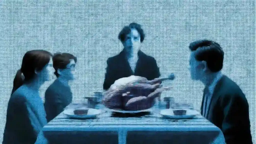 Depression vs. Laziness: Key Differences 5 Five people sit around a dining table with a large roasted turkey centerpiece, a host standing behind the plates.