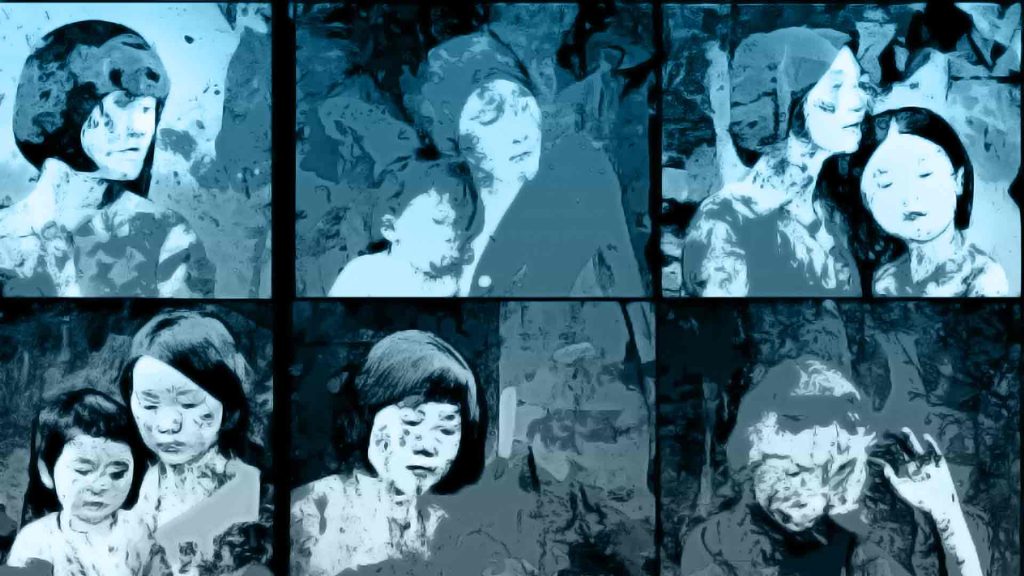 Stress Hives: Causes, Symptoms, and How to Get Rid of Them 1 Blue-tinted collage of several people’s faces arranged in a grid with somber expressions.